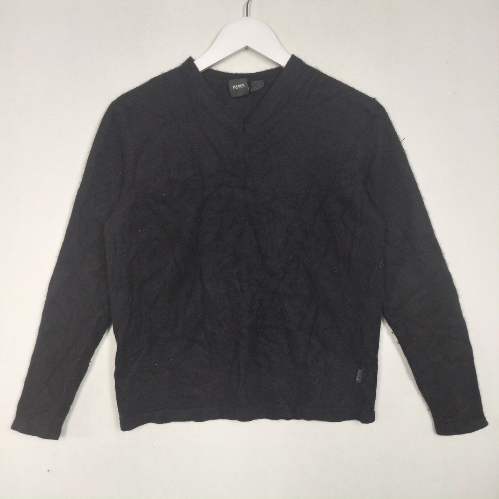 Hugo Boss Mens Black V-Neck Sweater Made in Italy Fuzzy Knit Long Sleeve